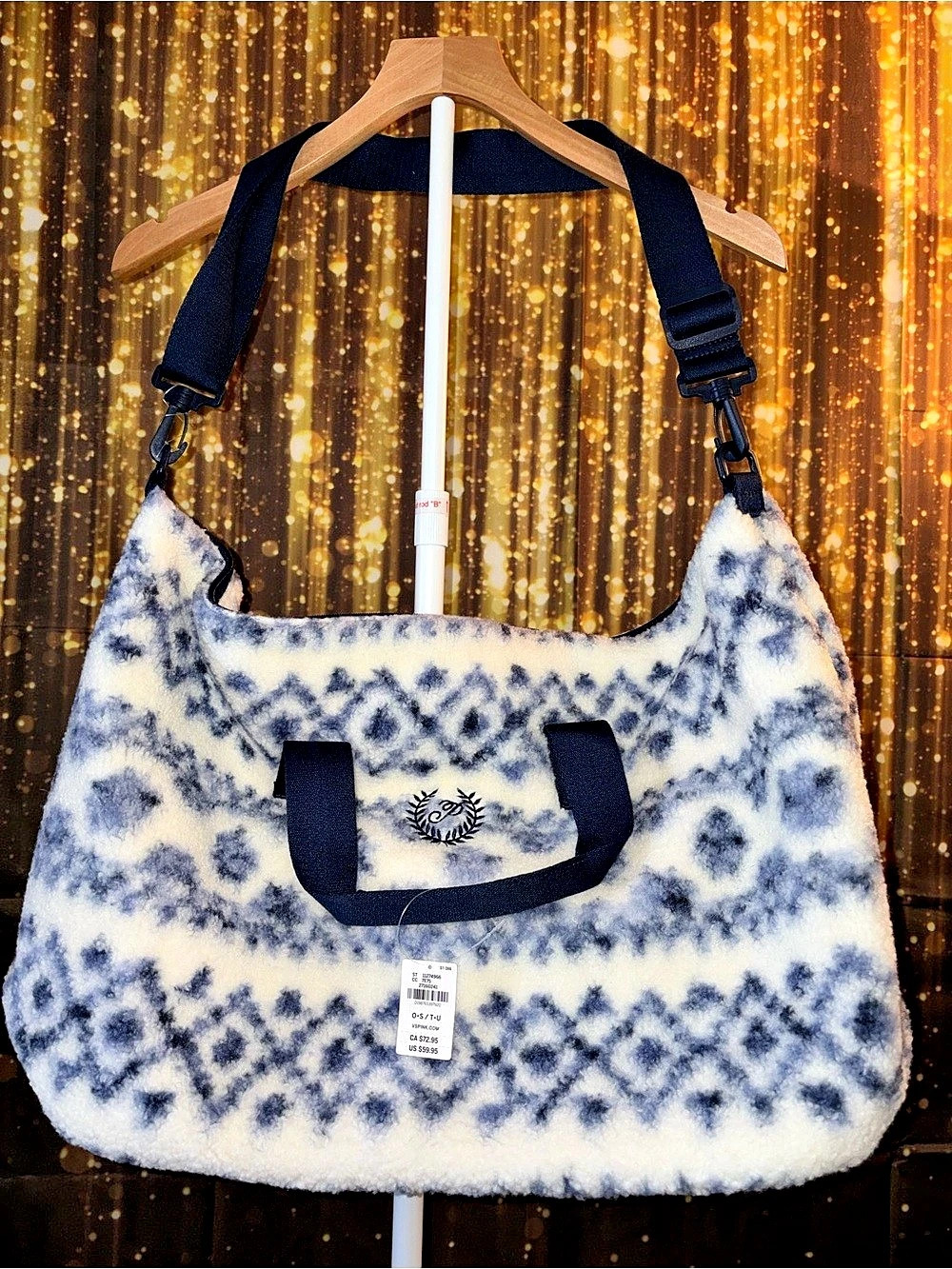 PINK Victoria's Secret Sherpa Fair Isle Tote Bag Blue & White